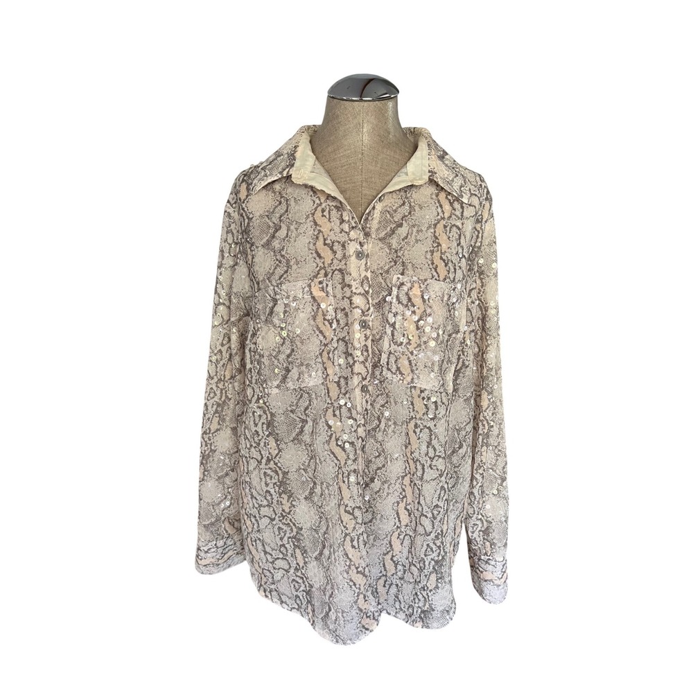 Anthropologie Glam Snakeskin Sequin Blouse XL Sheer Long Sleeve Button Front